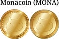 Set of physical golden coin Monacoin MONA, digital cryptocurrency. Monacoin MONA icon set.