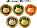 Set of physical golden coin Monacoin MONA, digital cryptocurrency. Monacoin MONA icon set.