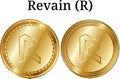 Set of physical golden coin Revain R, digital cryptocurrency. Revain R icon set.