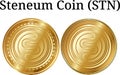 Set of physical golden coin Steneum Coin STN, digital cryptocurrency. Steneum Coin STN icon set.