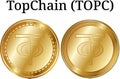 Set of physical golden coin TopChain TOPC, digital cryptocurrency. TopChain TOPC icon set.