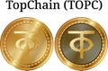 Set of physical golden coin TopChain (TOPC), digital cryptocurrency. TopChain (TOPC) icon set.