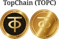 Set of physical golden coin TopChain TOPC, digital cryptocurrency. TopChain TOPC icon set.