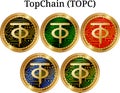 Set of physical golden coin TopChain TOPC, digital cryptocurrency. TopChain TOPC icon set.