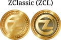 Set of physical golden coin ZClassic ZCL, digital cryptocurrency. ZClassic ZCL icon set.