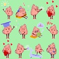 A set of Physiological Heart emoticons. Cute cardiological character in different poses and situations.