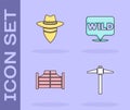 Set Pickaxe, Cowboy, Saloon door and Pointer to wild west icon. Vector Royalty Free Stock Photo
