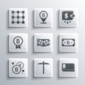 Set Pickaxe, Credit card with bitcoin, Cryptocurrency, Video graphic, Bitcoin, Blockchain technology and wallet icon