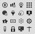Set Pickaxe, Cryptocurrency coin Bitcoin, Sales funnel with bitcoin, Globe, and clock icon. Vector Royalty Free Stock Photo