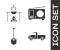 Set Pickup truck, Campfire and pot, Shovel and Radio with antenna icon. Vector.