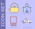 Set Pickup truck, Kettle with handle, Open matchbox and matches and Campfire and pot icon. Vector Royalty Free Stock Photo