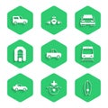 Set Pickup truck, Submarine, Surfboard, Train and railway, Car, Rafting boat, and icon. Vector