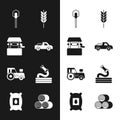 Set Pickup truck, Well, Shovel, Wheat, Tractor, Garden hose, Roll of hay and Pack full seeds plant icon. Vector Royalty Free Stock Photo