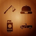 Set Pickup truck, Wooden axe, Passport with ticket and Beanie hat on wooden background. Vector