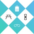 Set Picnic table with benches, Binoculars, Hiking backpack and Climber rope icon. Vector