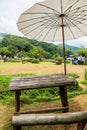 Set of picnic table with white umbrella