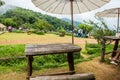 Set of picnic table with white umbrella