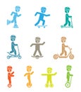Set of pictograms representing children riding all sorts of modern vehicles