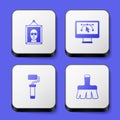 Set Picture, Computer with design program, Paint roller brush and icon. White square button. Vector