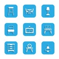 Set Picture, Dressing table, Lamp hanging, Furniture nightstand, Armchair, Floor lamp and Chair icon. Vector Royalty Free Stock Photo
