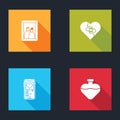 Set Picture frame, Healed broken heart, Mobile with and Bottle love potion icon. Vector