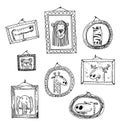 Set picture frames with animals portrait, hand drawn vector illustration Royalty Free Stock Photo