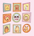 Set picture frames with animals portrait, hand drawn vector illustration Royalty Free Stock Photo