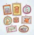 Set picture frames with animals portrait, hand drawn vector illustration Royalty Free Stock Photo