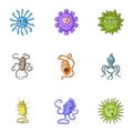 A set of pictures about bacteria and viruses. Germs that are harmful to humans. viruses and bacteria icon in set