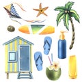 A set of pictures with beach cabin, surfboard, summer vacation and vacation accessories, palms, sunscreen. Watercolor