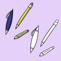 A set of pictures, a blue writing pen and pencils, vector cartoon