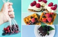 A set of pictures of colorful desserts and frozen berries. Delicious cakes, cupcakes and soft waffles with berries on Royalty Free Stock Photo
