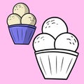 A set of pictures, a coloring book. Delicate sweet cold dessert, vanilla ice cream in a blue glass, cartoon vector