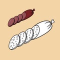 A set of pictures for a coloring book, a delicious pink piece of sausage with bacon, cut into pieces, vector