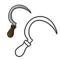 A set of pictures for a coloring book. Metal sickle with wooden handle, garden pruning tool, vector