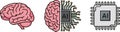 A set of 3 icons. Transformation of intelligence from the human brain to a digital chip with AI Royalty Free Stock Photo