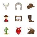 A set of pictures about cowboys. Cowboys on the ranch, horses, weapons, whips.Rodeo icon in set collection on cartoon