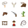 A set of pictures about cowboys. Cowboys on the ranch, horses, weapons, whips.Rodeo icon in set collection on cartoon