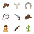 A set of pictures about cowboys. Cowboys on the ranch, horses, weapons, whips.Rodeo icon in set collection on cartoon