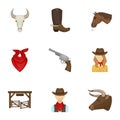 A set of pictures about cowboys. Cowboys on the ranch, horses, weapons, whips.Rodeo icon in set collection on cartoon