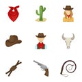 A set of pictures about cowboys. Cowboys on the ranch, horses, weapons, whips.Rodeo icon in set collection on cartoon