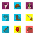 A set of pictures about cowboys. Cowboys on the ranch, horses, weapons, whips.Rodeo icon in set collection on flat style