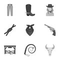 A set of pictures about cowboys. Cowboys on the ranch, horses, weapons, whips.Rodeo icon in set collection on monochrome