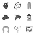 A set of pictures about cowboys. Cowboys on the ranch, horses, weapons, whips.Rodeo icon in set collection on monochrome