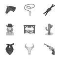 A set of pictures about cowboys. Cowboys on the ranch, horses, weapons, whips.Rodeo icon in set collection on monochrome