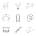 A set of pictures about cowboys. Cowboys on the ranch, horses, weapons, whips.Rodeo icon in set collection on outline