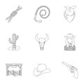 A set of pictures about cowboys. Cowboys on the ranch, horses, weapons, whips.Rodeo icon in set collection on outline