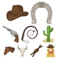 A set of pictures about cowboys. Cowboys on the ranch, horses, weapons, whips.Rodeo icon in set collection on cartoon