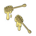 A set of pictures, dripping honey, a wooden spoon for honey, a vector illustration in cartoon style Royalty Free Stock Photo