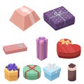 A set of pictures gifts. Gifts for different holidays, surprises. Gift packaging.Gifts and cert icon in set collection